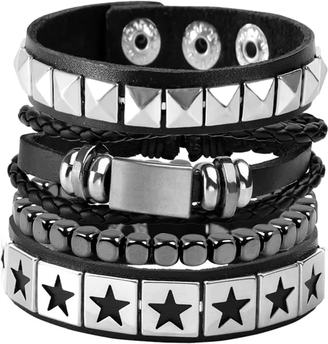 Eigso - 4 pulseras de cuero punk, para hombres y mujeres, clásicas, góticas, vintage, de poliuretano, para hombre y mujer negro ( BLACK - A )