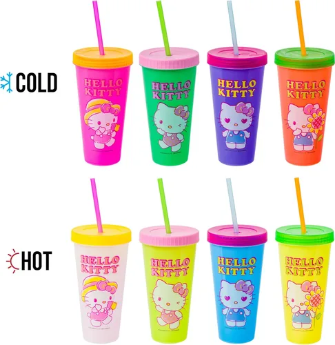 Miniatura 2 de Silver Buffalo Sanrio Hello Kitty Summertime Gardening - Paquete de 4 vasos de plástico que cambian de color, incluye tapa y pajilla, 24 onzas