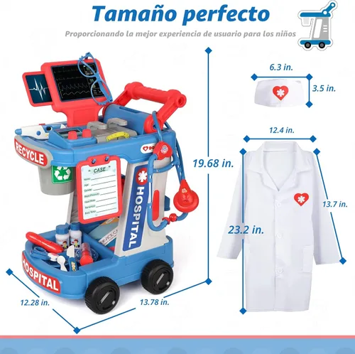 Miniatura 6 de Liberry - Kit de médico para niños pequeños de 3, 4 y 5 años, juego de médico con carrito, disfraz y estetoscopio, juego de rol, juguetes médicos