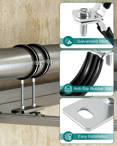 Miniatura 5 de Paquete de 2 abrazaderas de soporte de tubo de 4 pulgadas con almohadilla de goma, soportes industriales de acero galvanizado para sistemas
