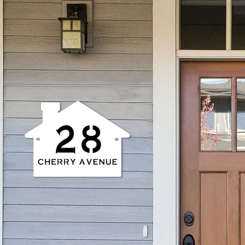 Letrero de número de casa con forma de casa contemporánea personalizada con números y nombre de calle, placa de forma de casa, placa de dirección de