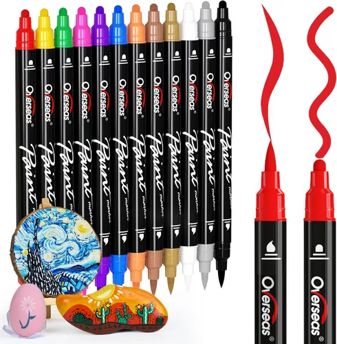 Overseas 12 rotuladores de pintura acrílica de doble punta – Rotuladores de pintura acrílica con pincel y punta de punto, marcador para colorear sin