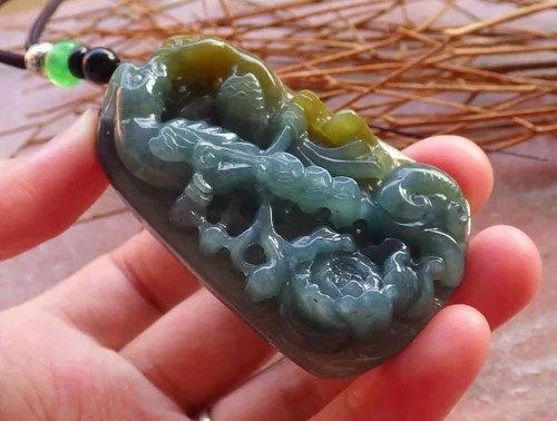 Miniatura 2 de Certificado amarillo helado verde 100% natural A Jade colgante de jadeíta Mandarin Duck Phoenix Lotus Flower Ruyi Money Coin Necklace 549654 GS
