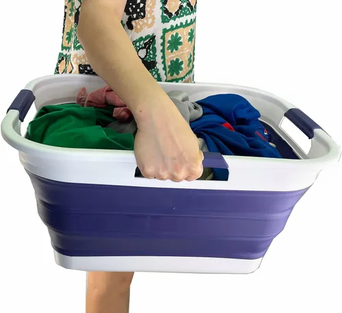 Miniatura 7 de SAMMART Cesta plegable de plástico de 30 L (8 galones) para lavandería, contenedor de almacenamiento plegable y organizador, tina de lavado