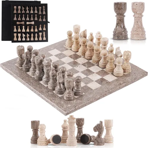 Miniatura 12 de Juego de ajedrez de mármol para adultos de 12 pulgadas, hecho a mano, juegos de ajedrez negro y travertino con caja de almacenamiento, juego