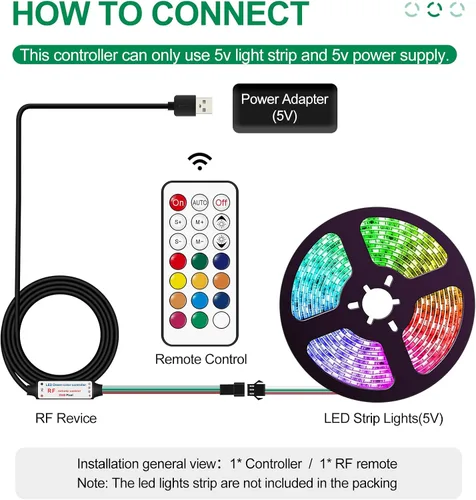 Miniatura 8 de RGBZONE Controlador LED USB de 5 V CC, control remoto inalámbrico RF de 21 teclas, controlador LED de 3 pines de 3.3 ft/3.3 pies, 5V WS2812 WS2811