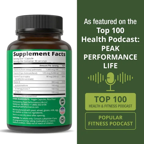Miniatura 6 de Peak Performance Vitaminas D 5,000 UI + A + K + E Todo en 1 Cápsula Vegana Fácil de Tragar. Suplemento Vitamínico ADK con E D3 K2. Vitaminas
