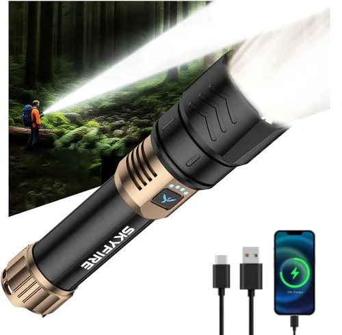 Miniatura 11 de SKYFIRE Linterna recargable de alto lúmen, súper brillante, con zoom, cuatro modos, linterna LED impermeable para camping esencial, emergencias al