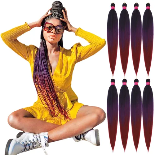 Miniatura 10 de Cabello trenzado preestirado, cabello trenzado degradado de 28 pulgadas, paquete de 8 extensiones de cabello trenzado de mezcla de colores sedosos