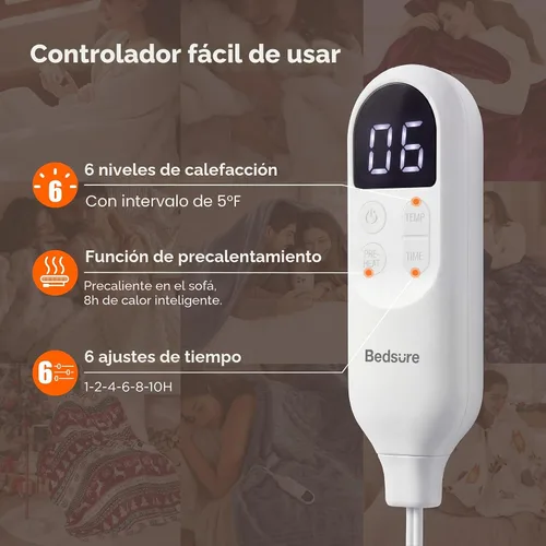 Miniatura 4 de Manta calefactora eléctrica Bedsure GentleSoft - Manta eléctrica suave de franela acanalada, calefacción con 4 ajustes de tiempo, 6 niveles de 01