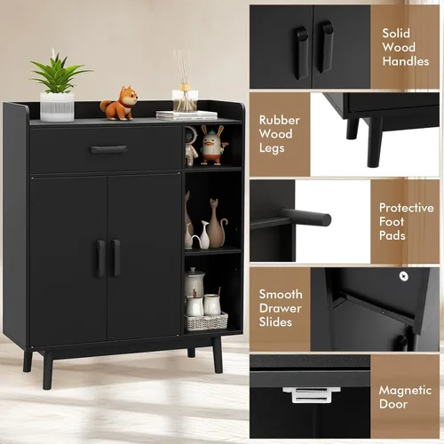 Miniatura 5 de Giantex Gabinete de Almacenamiento de Piso, Armario Independiente con 1 Cajón, 2 Puertas, 3 Estantes, 4 Patas de Madera de Caucho, Aparador, Unidad