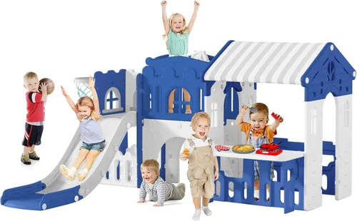 Juego de juegos al aire libre, casa de juegos 10 en 1 para niños pequeños con escalador de rocas con baloncesto, aro, almacenamiento, sala de juegos
