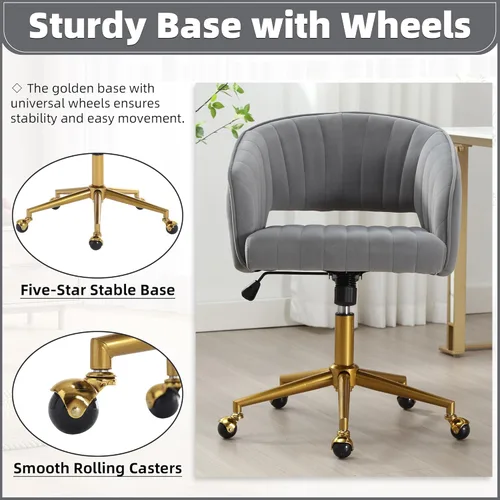 Miniatura 7 de ABET Silla de escritorio con ruedas, silla de terciopelo para oficina en casa, sillón giratorio con base dorada, sillas decorativas modernas Gris