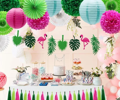 Miniatura 4 de Juego de 29 piezas de decoración de fiesta de hojas de palmera de flamenco tropical, abanicos de papel, pompones y linternas para Luau hawaiano