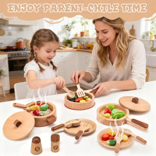 Miniatura 4 de WHOHOLL Juego de cocina de madera con platos y platos, juguetes de cocina para niños de 3, 4, 5, 6, accesorios de cocina Montessori, incluyendo