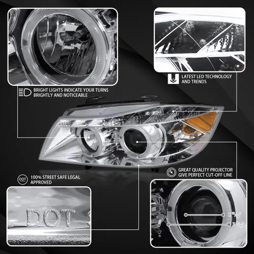 Miniatura 3 de Autozensation Compatible con BMW E90 Serie 3 Sedán de 4 puertas 2006-2008, juego de faros izquierdo + derecho, faros LED + proyectores de cromo