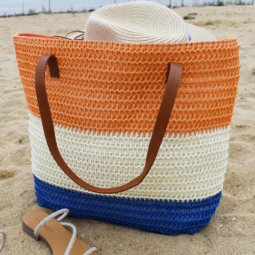 Miniatura 20 de Bolso grande de paja para mujer, tejido de ratán, bolso de playa de verano, a rayas