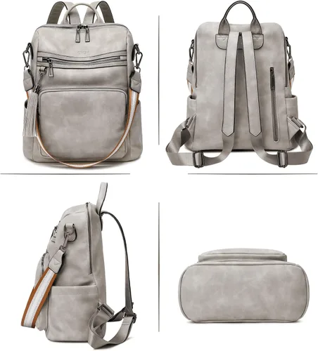 Miniatura 3 de OPAGE - Mochila de cuero para mujer, con borla de moda, bolso de hombro, mochila grande, bolsa de viaje, gris, L