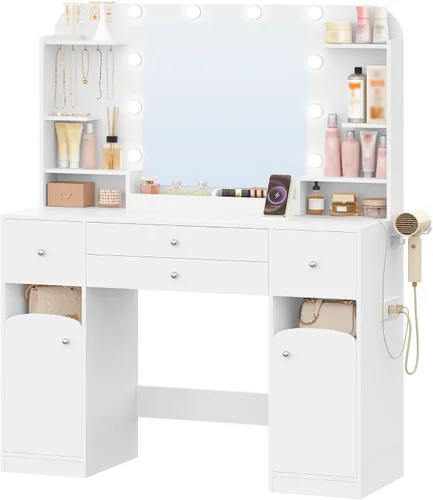 Miniatura 8 de Escritorio de tocador con espejo, tocador de maquillaje con luces LED, mesa de vestir con regleta de enchufes, 4 cajones, mesa grande de 42.5