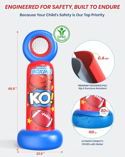 Miniatura 7 de ODOSOLA Saco de boxeo inflable para niños, bolsa de boxeo independiente 2 en 1 con juego de lanzamiento de fútbol, juguete de karate taekwondo