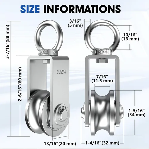 Miniatura 2 de Bloque de polea giratoria tipo U, poleas de acero inoxidable 304 para elevación de cable de cuerda de alambre, parte de equipo de gimnasio DIY