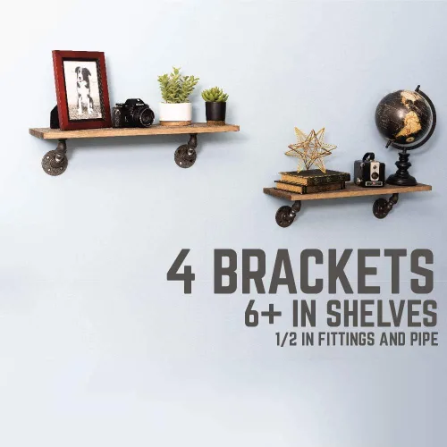 Miniatura 3 de Soportes de estante angulares industriales rústicos – Juego de cuatro soportes de doble brida de tubo de 4 pulgadas, accesorios de metal de hierro