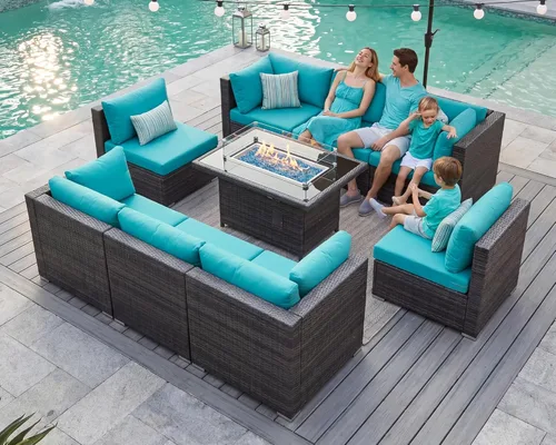 Miniatura 40 de BULEXYARD Juego de 7 piezas de sofá seccional para exteriores con respaldo alto, mesa para fogatas, juego de muebles de patio de mimbre resistente a