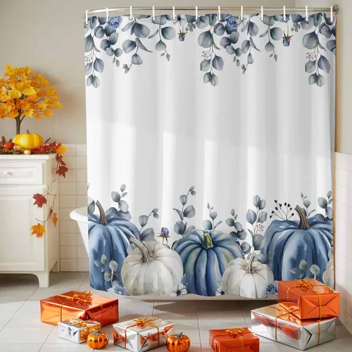 Miniatura 5 de Cortina de ducha de calabaza azul para baño, calabazas blancas, hojas verdes, cortinas de baño con ganchos, tela de poliéster impermeable, cortinas