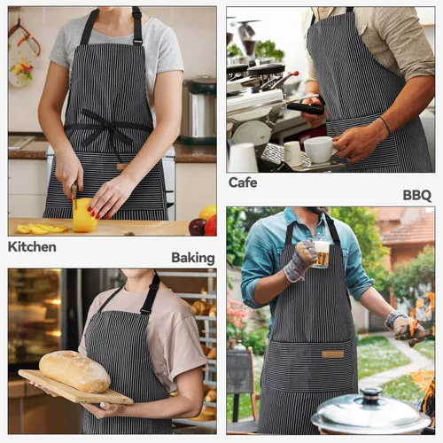 Miniatura 7 de NLUS Paquete de 2 delantales de cocina ajustables con babero, delantal de chef suave con 2 bolsillos para hombres y mujeres (rayas negras)