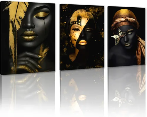Miniatura 54 de MAMAGO Lienzo decorativo para pared, pintura de belleza dorada y negra, fotos de mujeres africanas, hermosos pósteres de mujer negra, impresiones