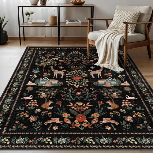Miniatura 10 de Alfombra de área de 5 x 7 pies para sala de estar, alfombra verde boho antideslizante lavable, alfombra vintage de pelo bajo, alfombra grande
