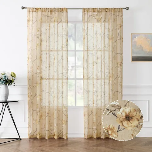 Miniatura 8 de Tollpiz Cortina Corta Transparente de Nivel Beige con Estampado de Hojas y Flores, Bordado Floral, Cortinas de Media Ventana Transparentes