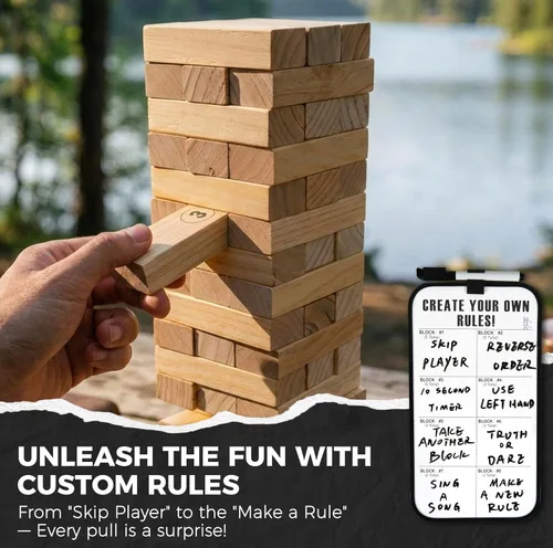 Miniatura 2 de Outdoor Games - Juego de apilamiento de torre de madera grande – 54 bloques de pino de alta calidad que se apilan hasta 4 pies con tablero de reglas