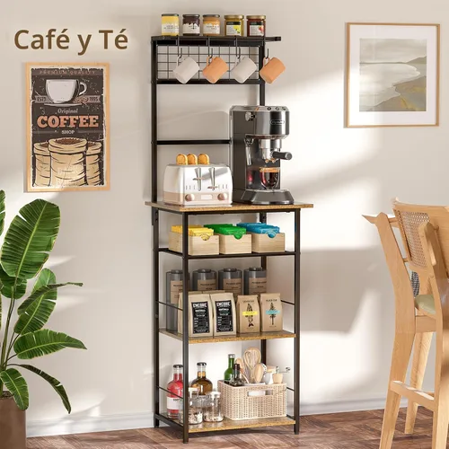 Miniatura 7 de Estación de café de 5 niveles, soporte de cocina con 4 ganchos en forma de S, gabinete de barra de café de esquina estilo granja para espacios