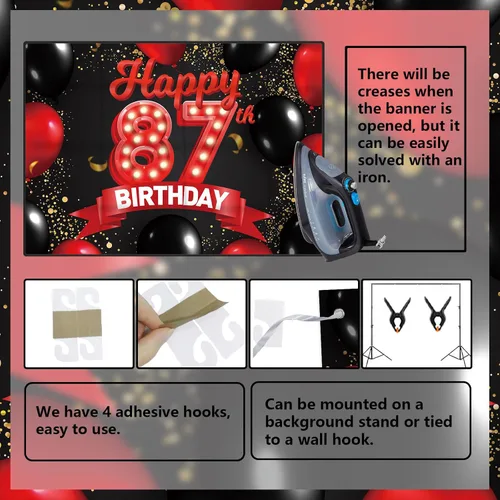 Miniatura 4 de Cartel de feliz cumpleaños 87 años, fondo rojo y negro, decoraciones de banner, globos, tema para niñas, mujeres, princesas, fiesta de cumpleaños