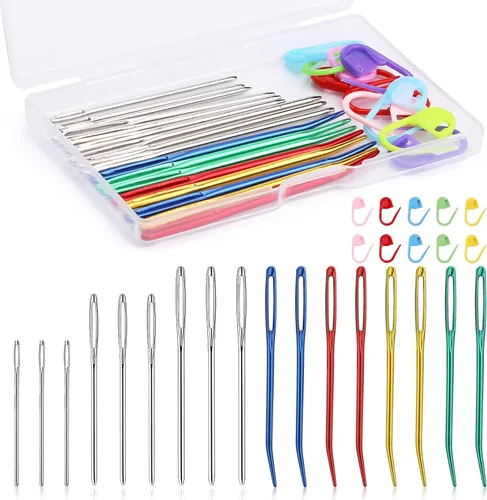 Kit de 17 agujas de coser de acero, agujas de coser de acero inoxidable con marcadores de puntada de colores mixtos, aguja de tejer, punta doblada,