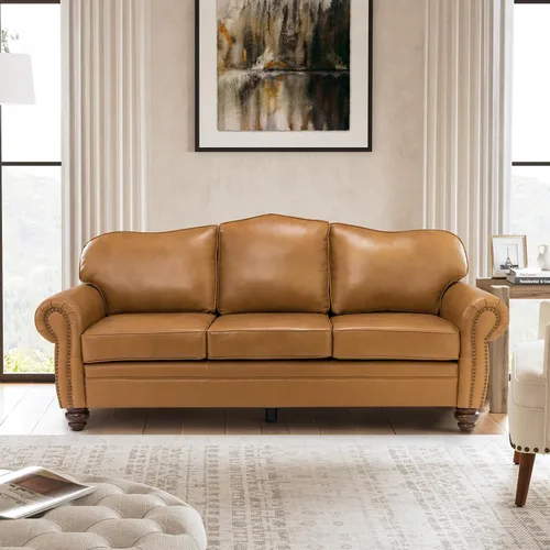 Miniatura 18 de El apoyo que necesitas 152 cm de ancho Sofá Chesterfield de cuero genuino, sofá con brazos enrollados, reborde con clavos para muebles de sala
