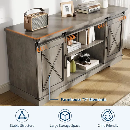 Miniatura 3 de GarveeHome Soporte de TV de granja para TV de hasta 65 pulgadas y centro de entretenimiento con puertas corredizas de granero y estante ajustable