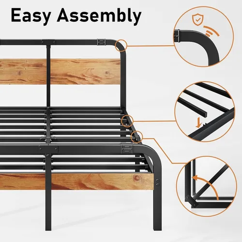 Miniatura 4 de ZIYOO Marco de cama de metal de estilo industrial con cabecera y estribo de madera maciza, listones de acero de alta resistencia de 14 pulgadas que