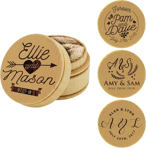 Miniatura 2 de Caja de anillos grabada personalizada, caja de boda con soporte de anillos de madera redonda rústica personalizada