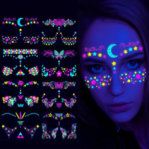Tatuajes temporales que brillan en la oscuridad, tatuajes temporales falsos para la cara, maquillaje UV, neón, mariposa, floral, tatuajes,