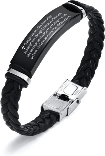 Miniatura 10 de Pulsera de cuero para hombre, regalo de sobriedad para hombre: cita inspiradora/versículo bíblico grabado, pulsera trenzada negra para hombre