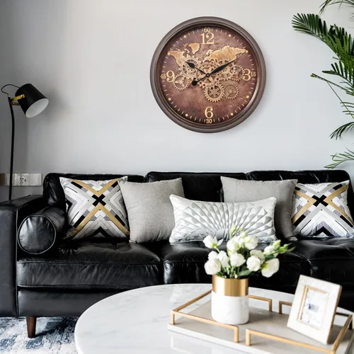 Miniatura 8 de CLXEAST Reloj de pared grande de 24 pulgadas con engranajes móviles, relojes industriales con esfera de mapa del mundo, reloj de pared fresco