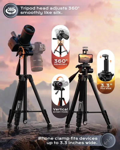 Miniatura 5 de Soporte de trípode para cámara de 73 pulgadas, trípode de aluminio con soporte para teléfono, bolsa de viaje, compatible con GoPro/DSLR/teléfono
