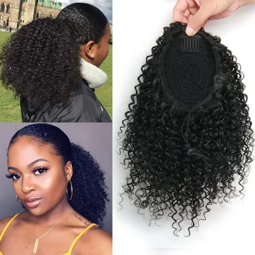 Miniatura 13 de Extensión de cola de caballo corta afro rizada para cola de caballo afroamericana, extensión de cola de caballo sintética afro rizada para mujeres