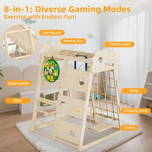 Miniatura 3 de Zona de juegos interior 8 en 1, gimnasio interior de la selva para niños, juguetes de escalada Montessori de madera con anillos, tobogán, escalera