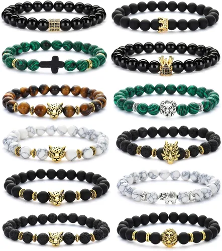 SONNYX - Juego de 12 pulseras de cuentas de piedra de lava de 0.315in para hombres y mujeres, diseño de corona, rey de león, cabeza de leopardo,