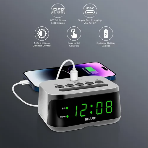 Miniatura 2 de Sharp Reloj despertador digital con puerto de carga USB-C súper rápido y pantalla LED verde