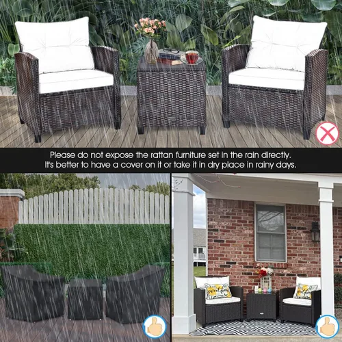 Miniatura 6 de Tangkula Juego de muebles de patio de 3 piezas, mimbre de ratán PE, juego de sofá de 3 piezas para exteriores con cojín lavable y superficie de mesa