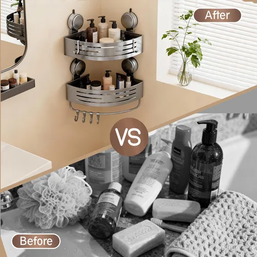 Miniatura 7 de Organizador de ducha de esquina con ventosa, paquete de 2 estantes de ducha de esquina de aluminio gris sin perforaciones con barra de toalla
